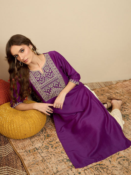 Dhiyona IE Ethnic Motifs Embroidered Notched Neck Thread Work Liva Straight Kurta