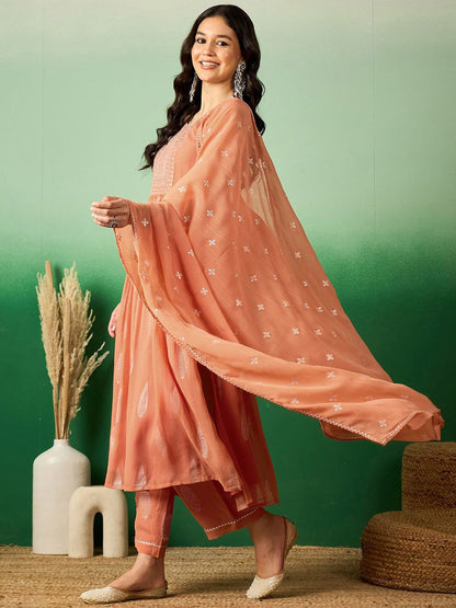 Dhiyona SN Women's Peach Floral Embroidered A-Line Kurta With Trouser & Dupatta