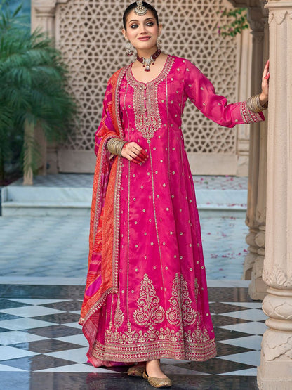 Ethnic Motifs Embroidered Sequinned Anarkali Kurta with Trouser & Dupatta