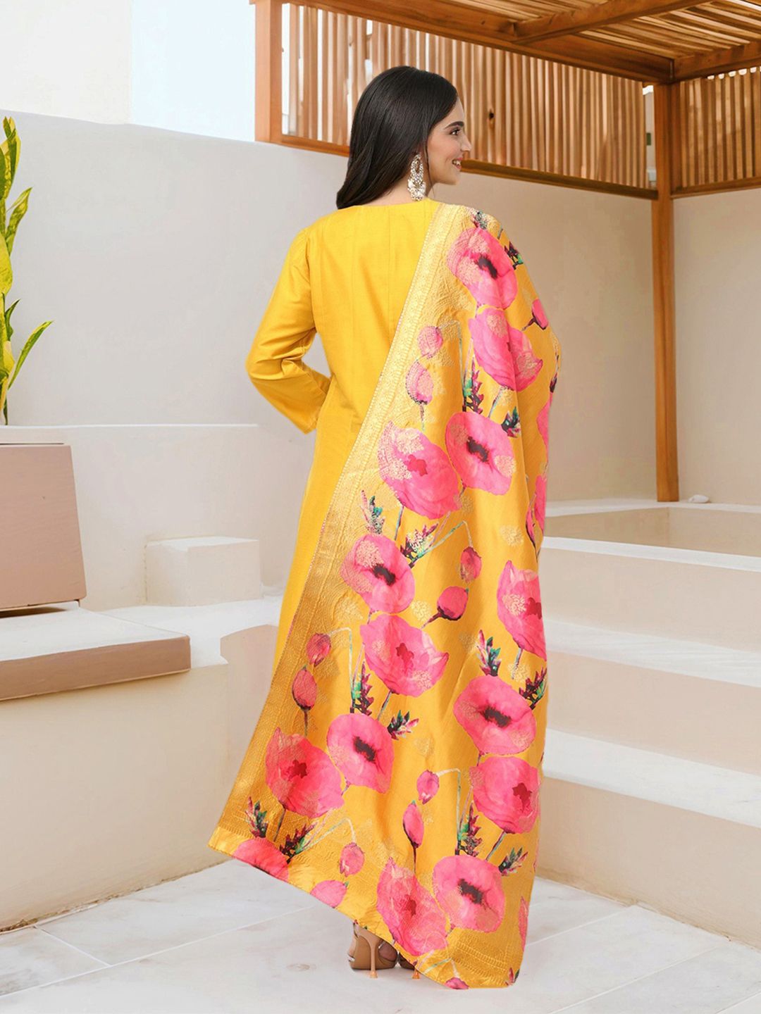 Dhiyona IS Women's Yellow Embroidered Sequinned Silk Crepe Anarkali Kurta With Trousers & Dupatta