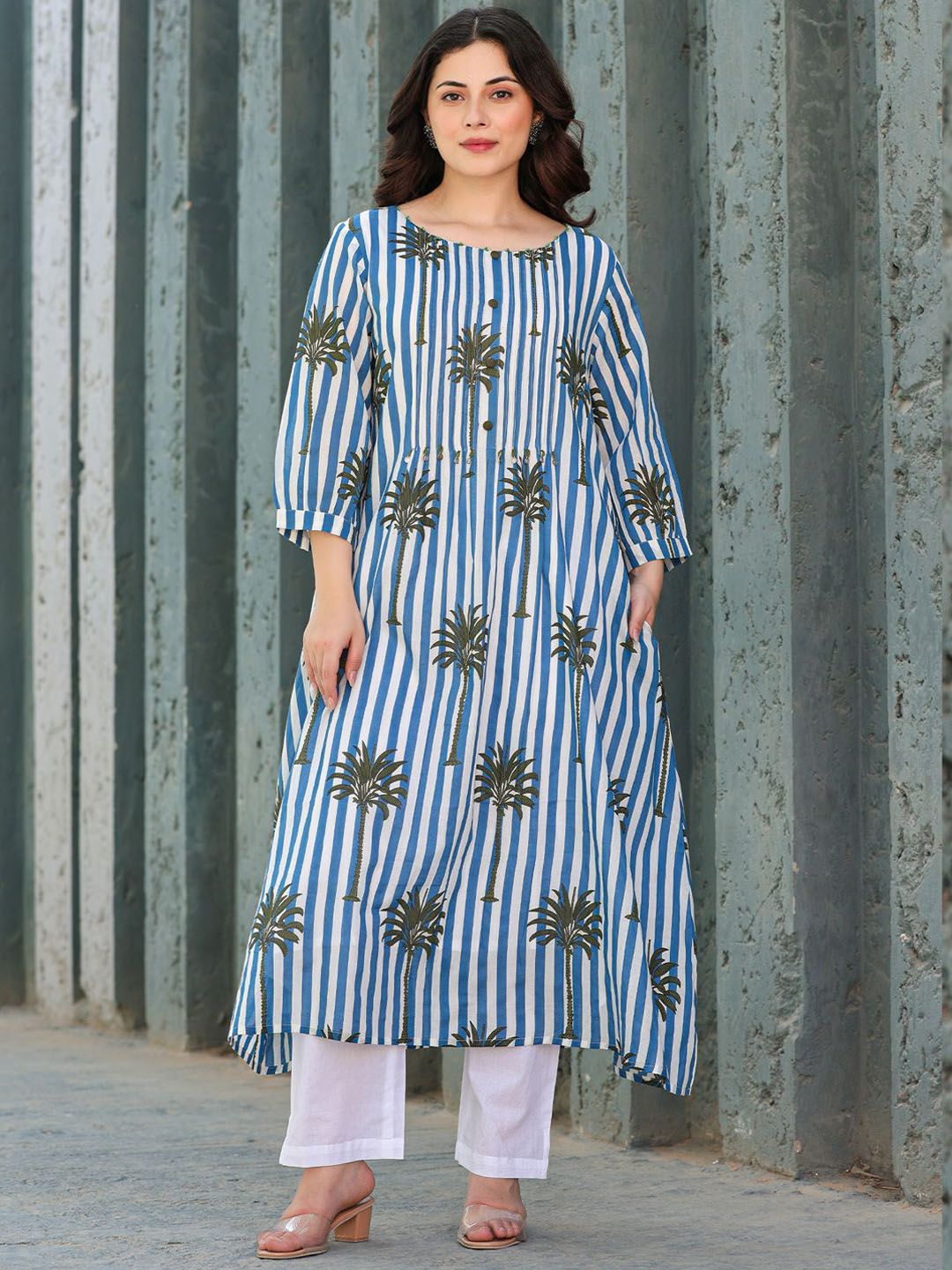 Floral Printed Round Neck Pure Cotton A-Line Kurta With Trousers