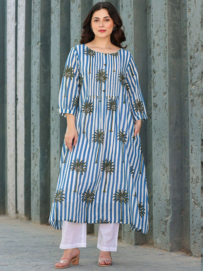 Floral Printed Round Neck Pure Cotton A-Line Kurta With Trousers