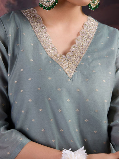 Dhiyona PD Women Floral Woven Design Straight Kurta With Trousers & Dupatta