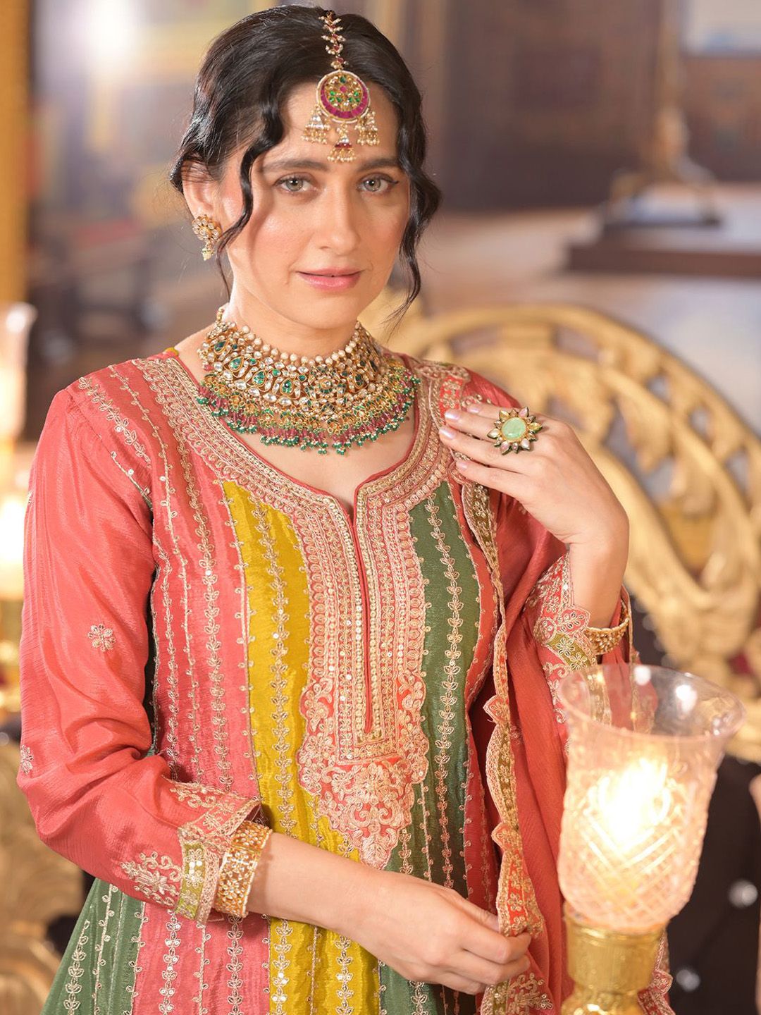 Dhiyona IE Ethnic Motifs Embroidered Panelled Sequinned A-Line Kurta With Palazzos & Dupatta