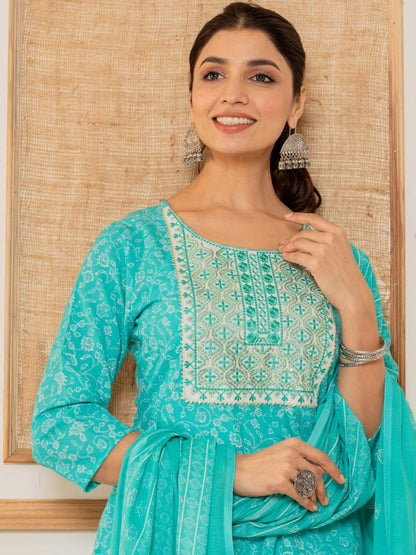 Dhiyona VA Women's Floral Printed Regular Thread Work Kurta with Trousers & With Dupatta