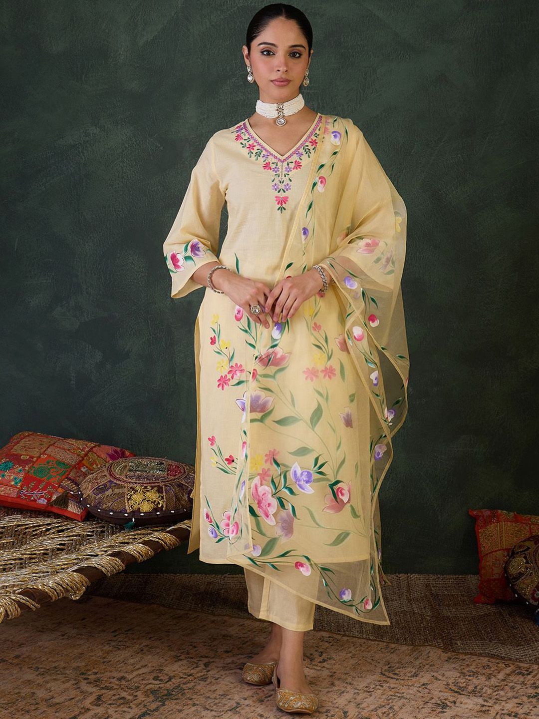 Dhiyona IE Floral Embroidered Neck Pure Cotton Kurta With Trousers & Dupatta