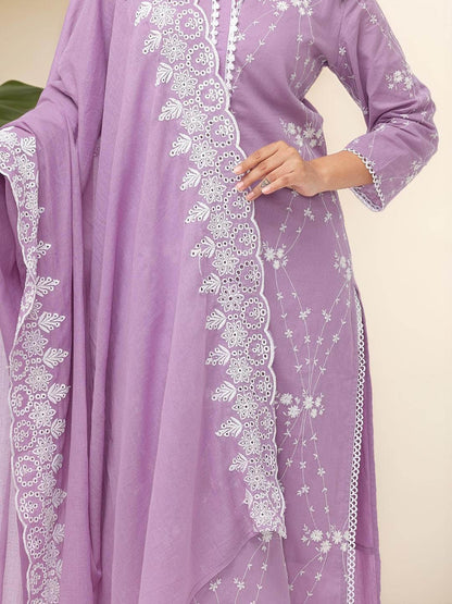 Dhiyona IS Women's Floral Embroidered Pure Cotton Straight Kurta With Trousers & Dupatta