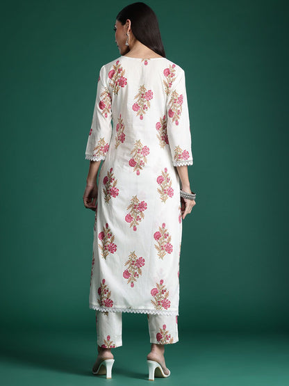 Dhiyona IE Women Floral Printed Pure Cotton Kurta with Trousers