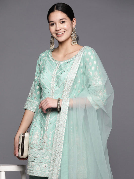 Dhiyona LL Women Ethnic Motifs Embroidered Pure Silk Kurti With Sharara & Dupatta