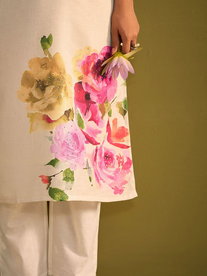 Dhiyona IE Floral Printed V-Neck Linen Straight Kurta With Trousers & Dupatta