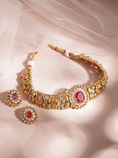 Dhiyona RJ Women's 24K Gold Plated Ruby,Emerald & White Cubic Zirconia Stone Floral Choker Jewelry Set