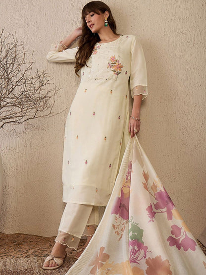 Dhiyona IE Women Floral Embroidered Regular Mirror Work Chanderi Silk Kurta with Trousers & With Dupatta