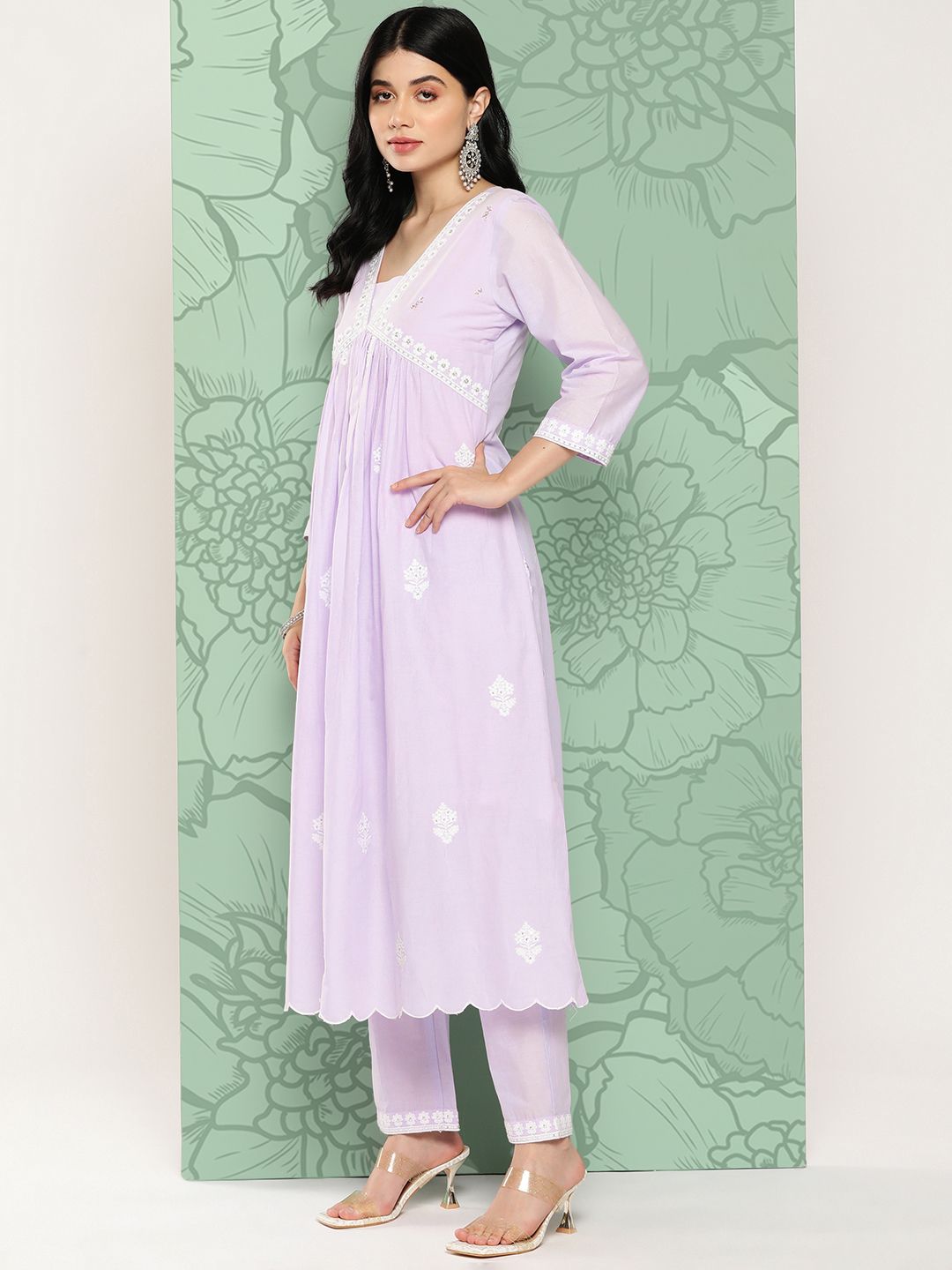 Dhiyona VA Women's Floral Embroidered Pleated Thread Work Cotton Kurta with Trousers & Dupatta