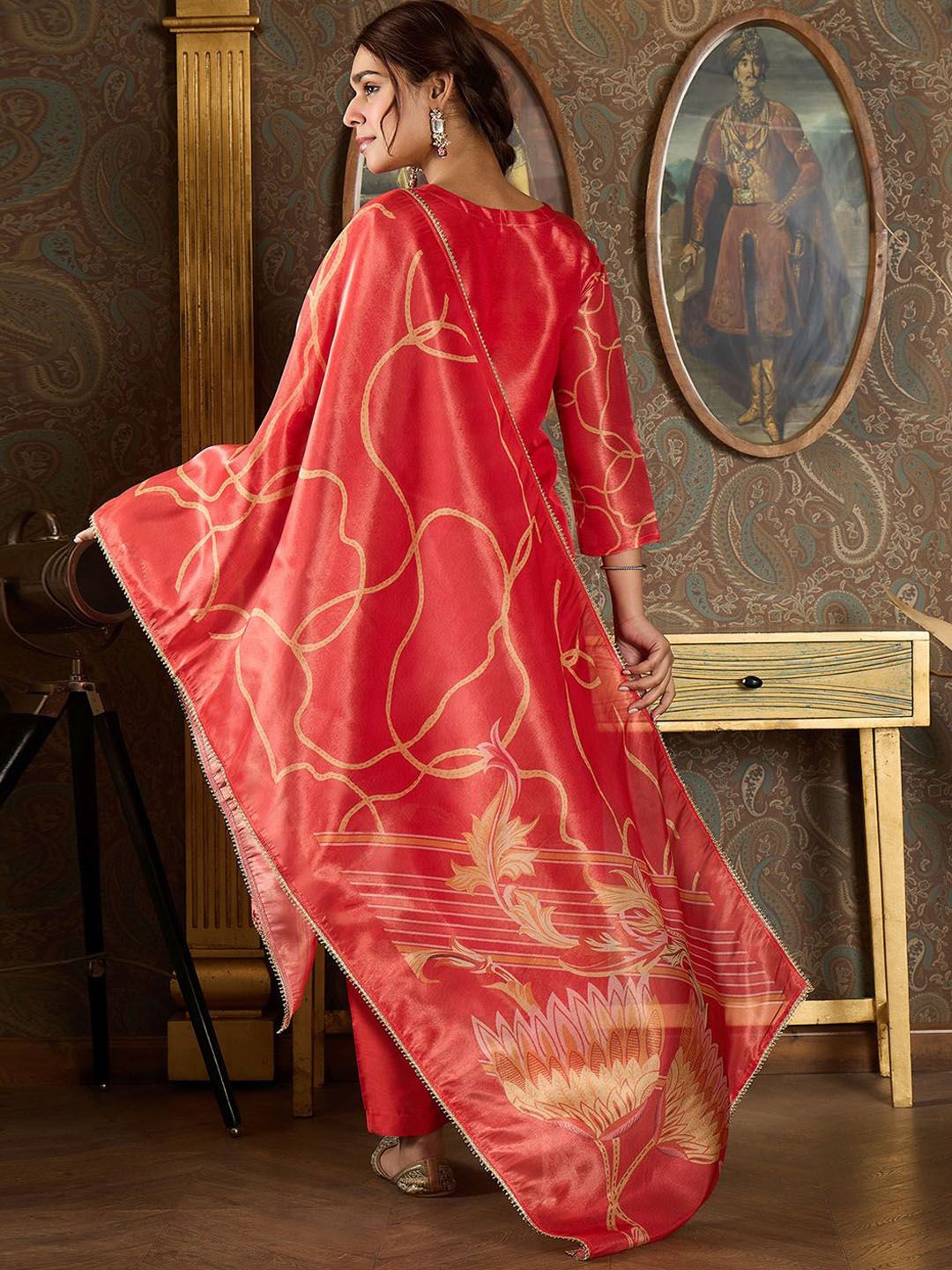Dhiyona IE Floral Printed V-Neck Sequinned Straight Kurta With Trousers And Dupatta