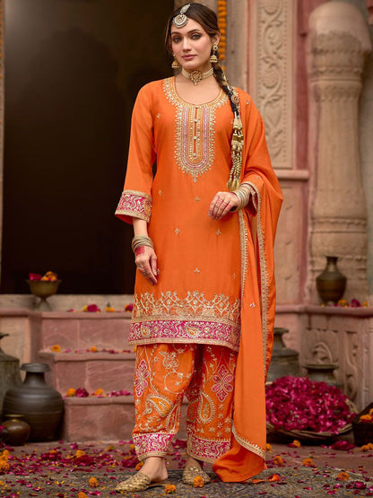 Dhiyona IE Floral Embroidered Sequinned Chinon Straight Kurta With Trousers & Dupatta