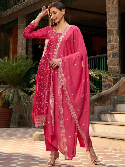 Dhiyona IE Floral Embroidered Regular Thread Work Straight Kurta with Trousers & Dupatta