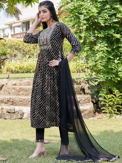 Dhiyona IE Black Leheriya Printed Mirror Work A-Line Kurta & Trousers & With Dupatta