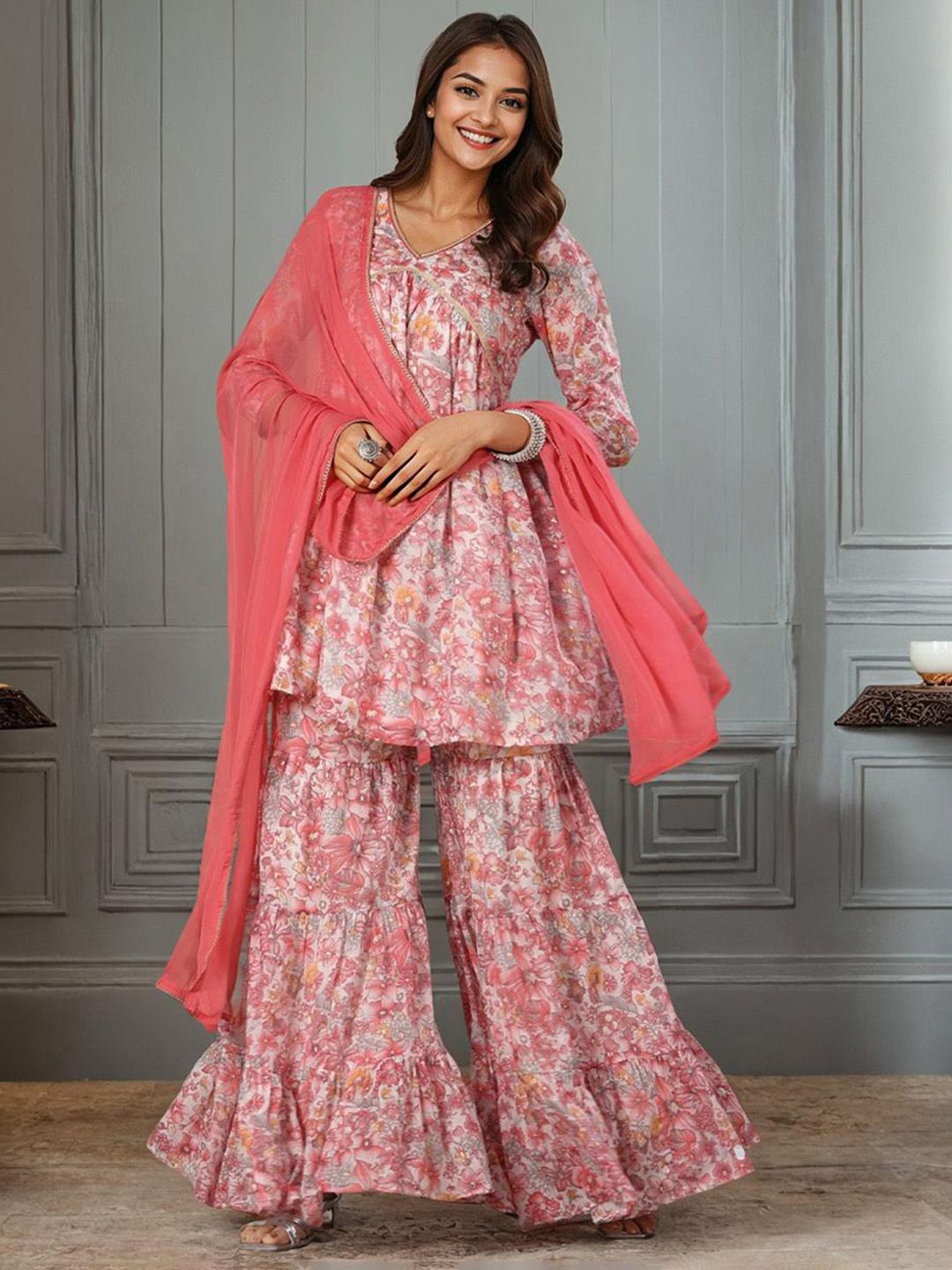 Dhiyona IS Women's Floral Printed V-Neck Gotta Patti Pure Cotton Kurta with Sharara & With Dupatta
