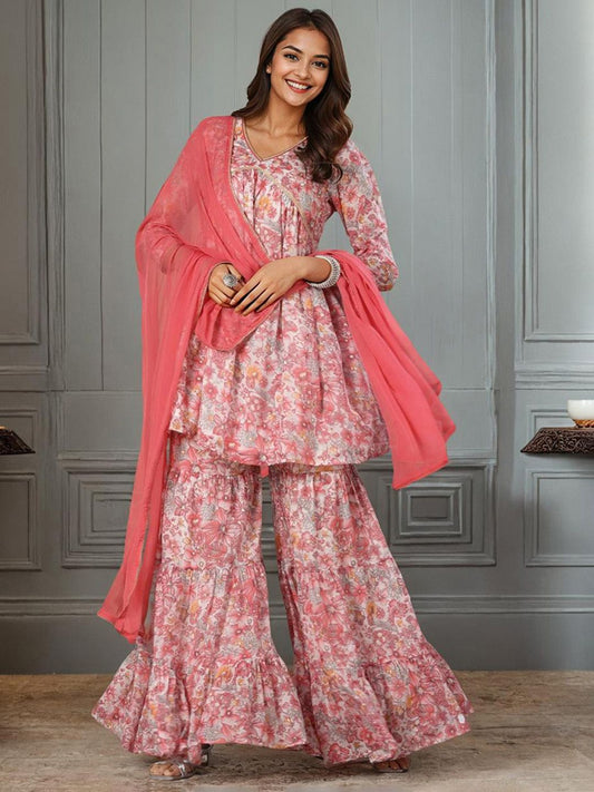 Dhiyona IS Women's Floral Printed V-Neck Gotta Patti Pure Cotton Kurta with Sharara & With Dupatta