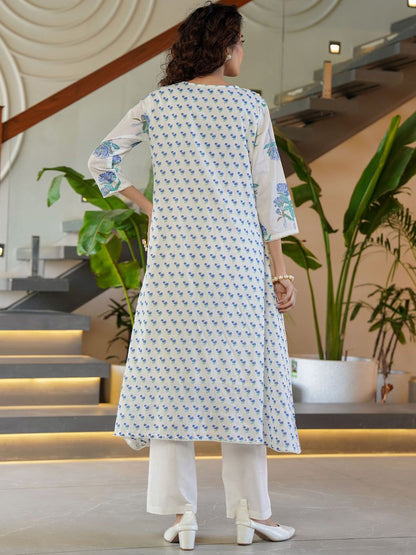 Dhiyona IE Floral Printed Tie-Up Neck Panelled A-Line Pure Cotton Kurta With Trousers
