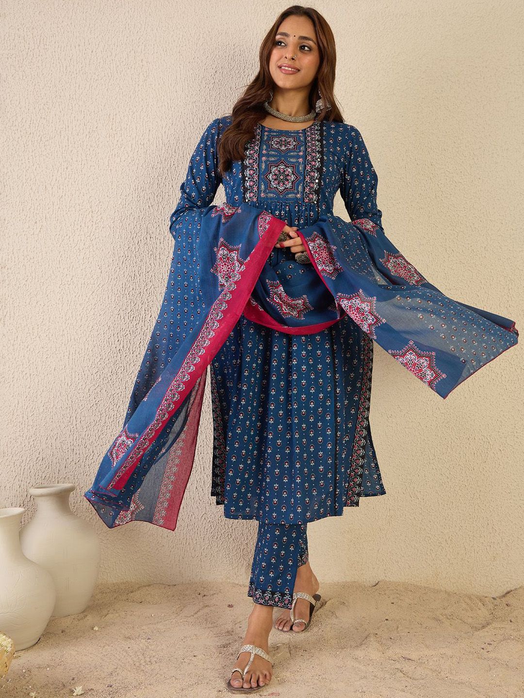 Dhiyona IE Ethnic Motifs Printed Round Neck A line Pure Cotton Kurta with Trousers & Dupatta