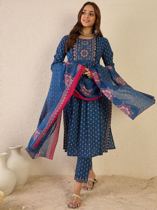 Dhiyona IE Ethnic Motifs Printed Round Neck A line Pure Cotton Kurta with Trousers & Dupatta