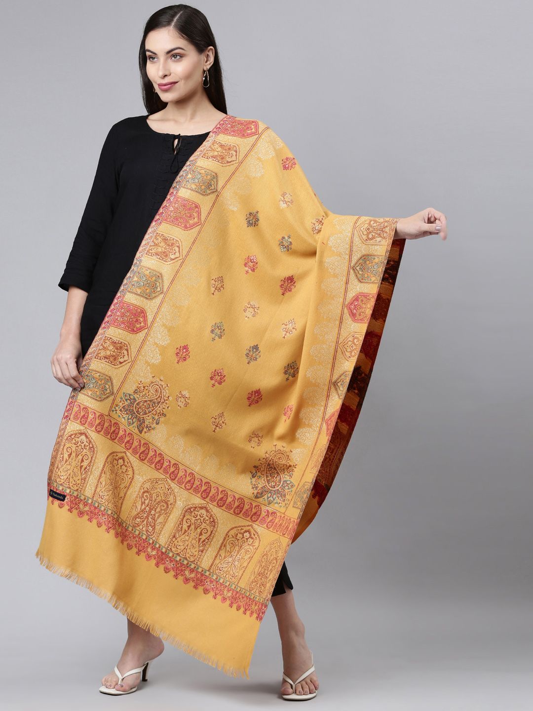 Dhiyona PA Women Mustard Yellow Floral Printed Kaani Woolen Shawl