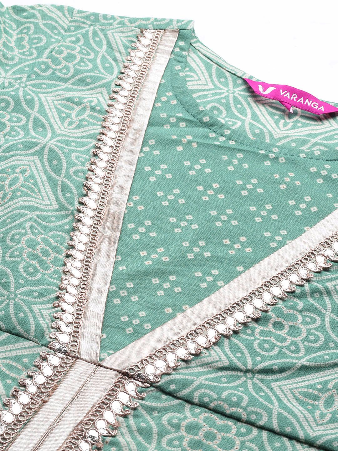 Dhiyona VA Women's Teal Bandhani Printed High Slit Gotta Patti Pure Cotton Kurta with Palazzos & With Dupatta