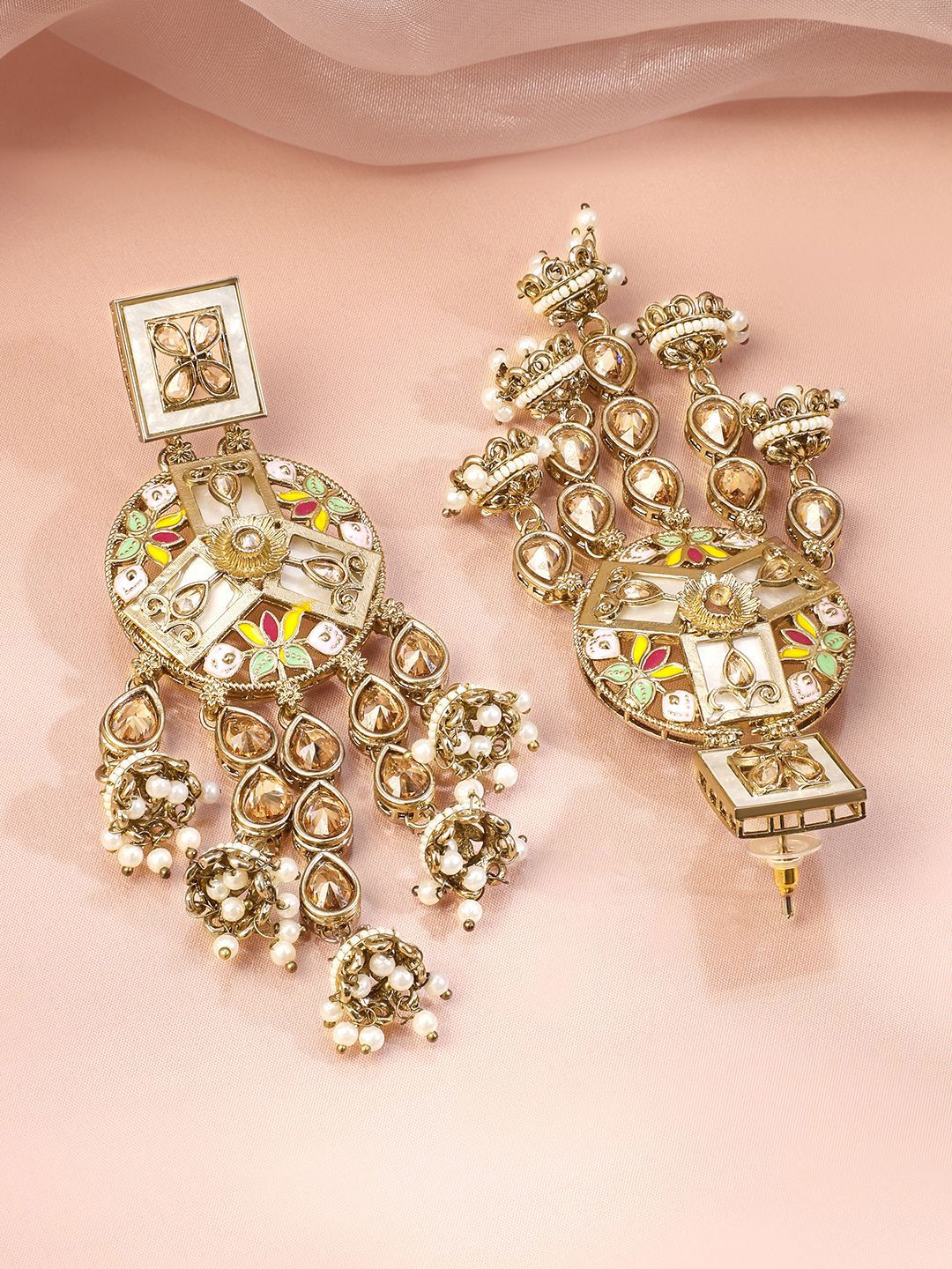 Dhiyona RJ Women's 22K Gold-Plated Multicolour Enamel & Kundan Studded Long Jhumka Dangler Earrings