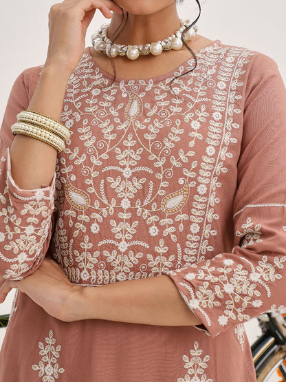 Dhiyona VA Women'sEthnic Motifs Embroidered Thread Work Pure Cotton Kurta & Trousers With Dupatta