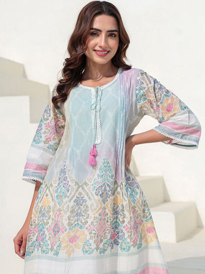 Floral Printed Notch Neck A Line Pure Cotton Kurta With Trousers