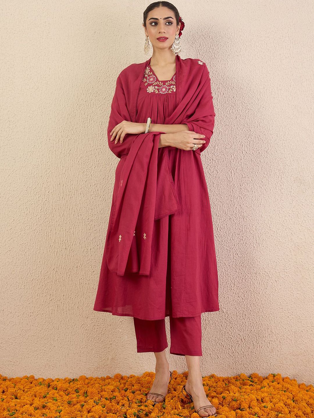 Women Regular Sequinned Pure Cotton Kurta with Trousers & Dupatta