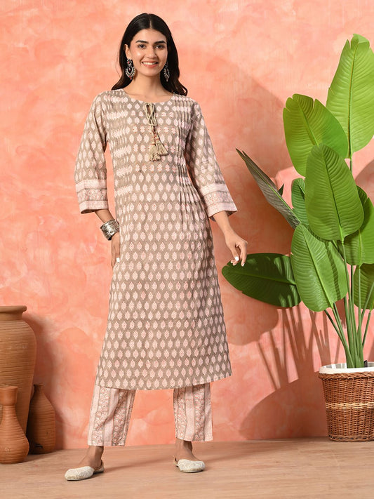 Dhiyona SN Women's Grey Cotton printed kurta and pant set