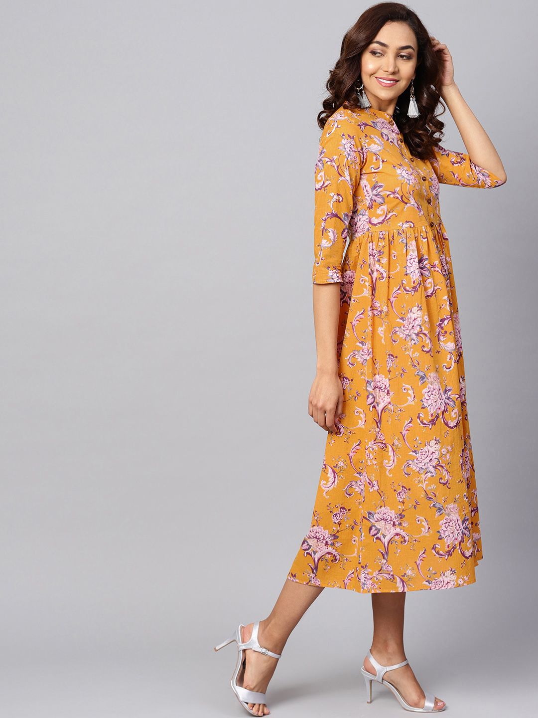 Dhiyona AY Women's Yellow Printed Fit and Flare Dress