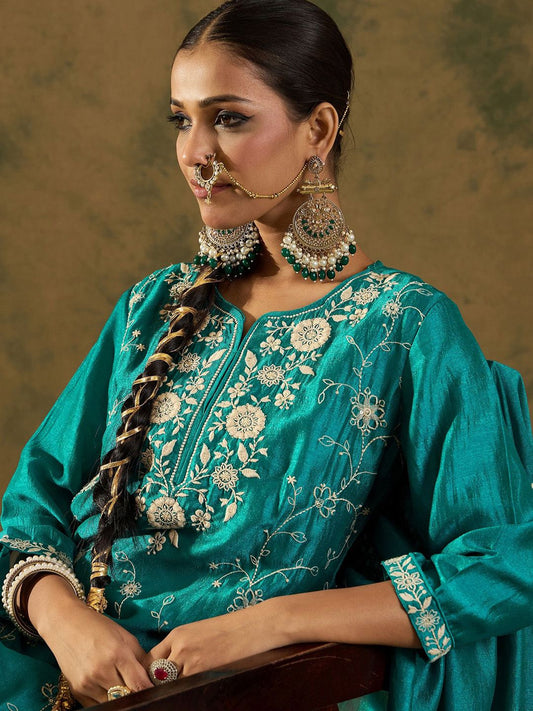 Dhiyona IE Women Ethnic Motifs Embroidered Regular Thread Work Kurta with Trousers & With Dupatta