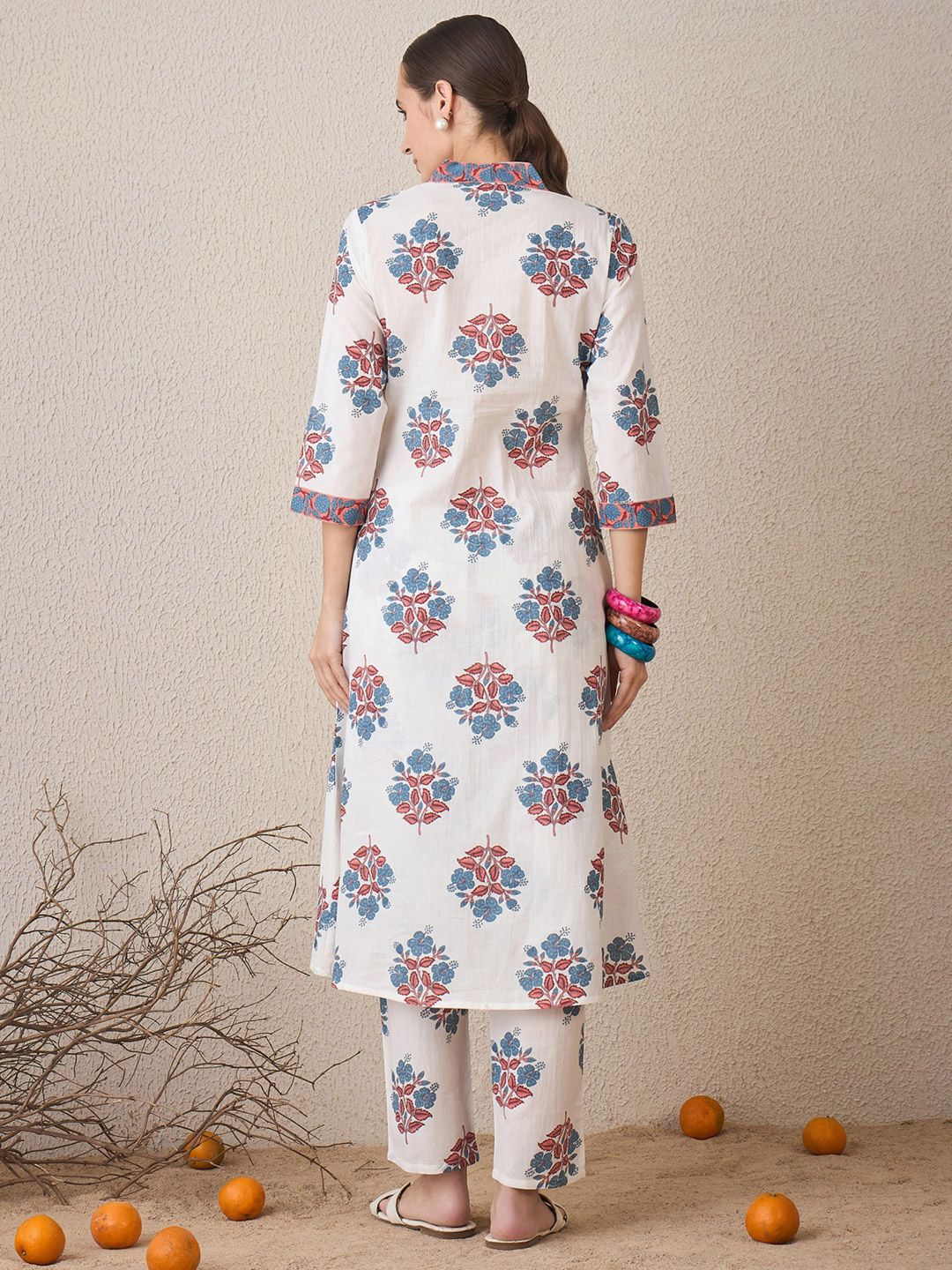 Dhiyona IE Floral Printed V-Neck Cotton A-Line Kurta With Trousers