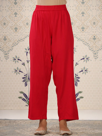Dhiyona OD  Grey & Red Floral Printed Notched Neck Kurta With Palazzos