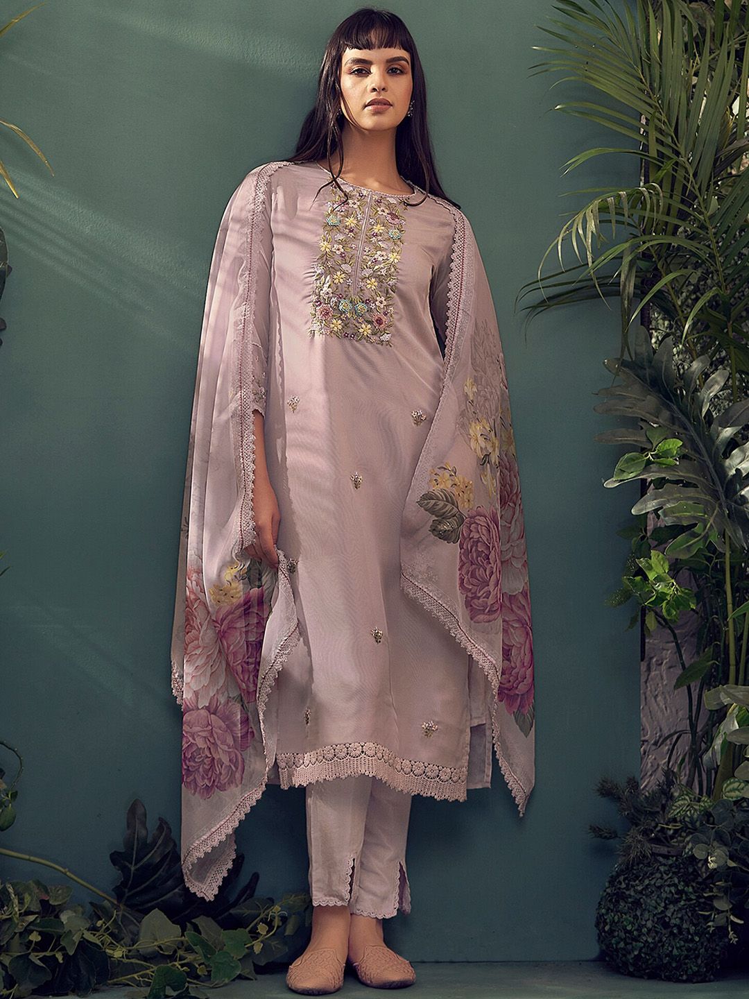 Floral Embroidered Thread Work Kurta With Trousers & Dupatta