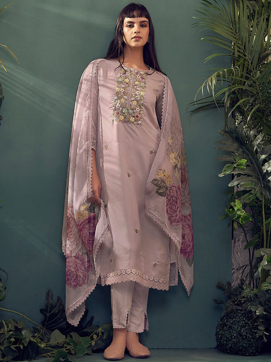 Floral Embroidered Thread Work Kurta With Trousers & Dupatta