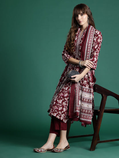 Dhiyona IE Floral Printed Pure Cotton Kurta With Trousers & Dupatta