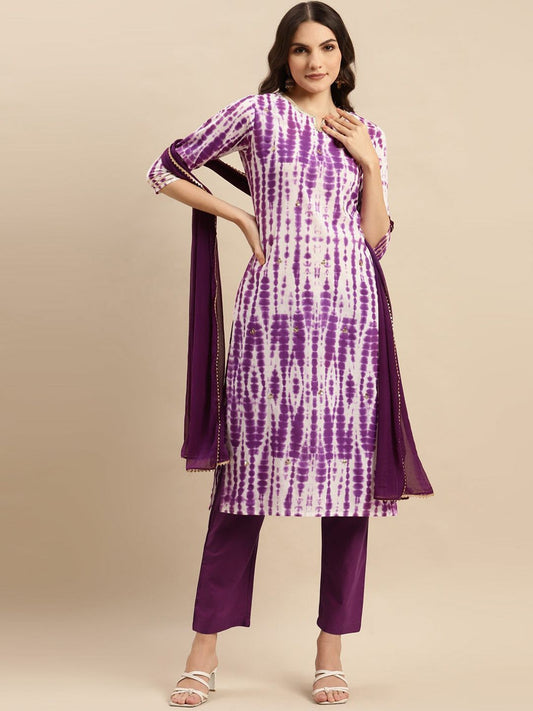 Dhiyona VA Women'sShibori Dyed Regular Sequinned Pure Cotton Kurta With Trousers & Dupatta