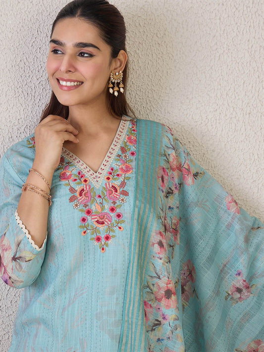 Dhiyona IE Women Floral Embroidered Linen Kurta with Trousers & Dupatta