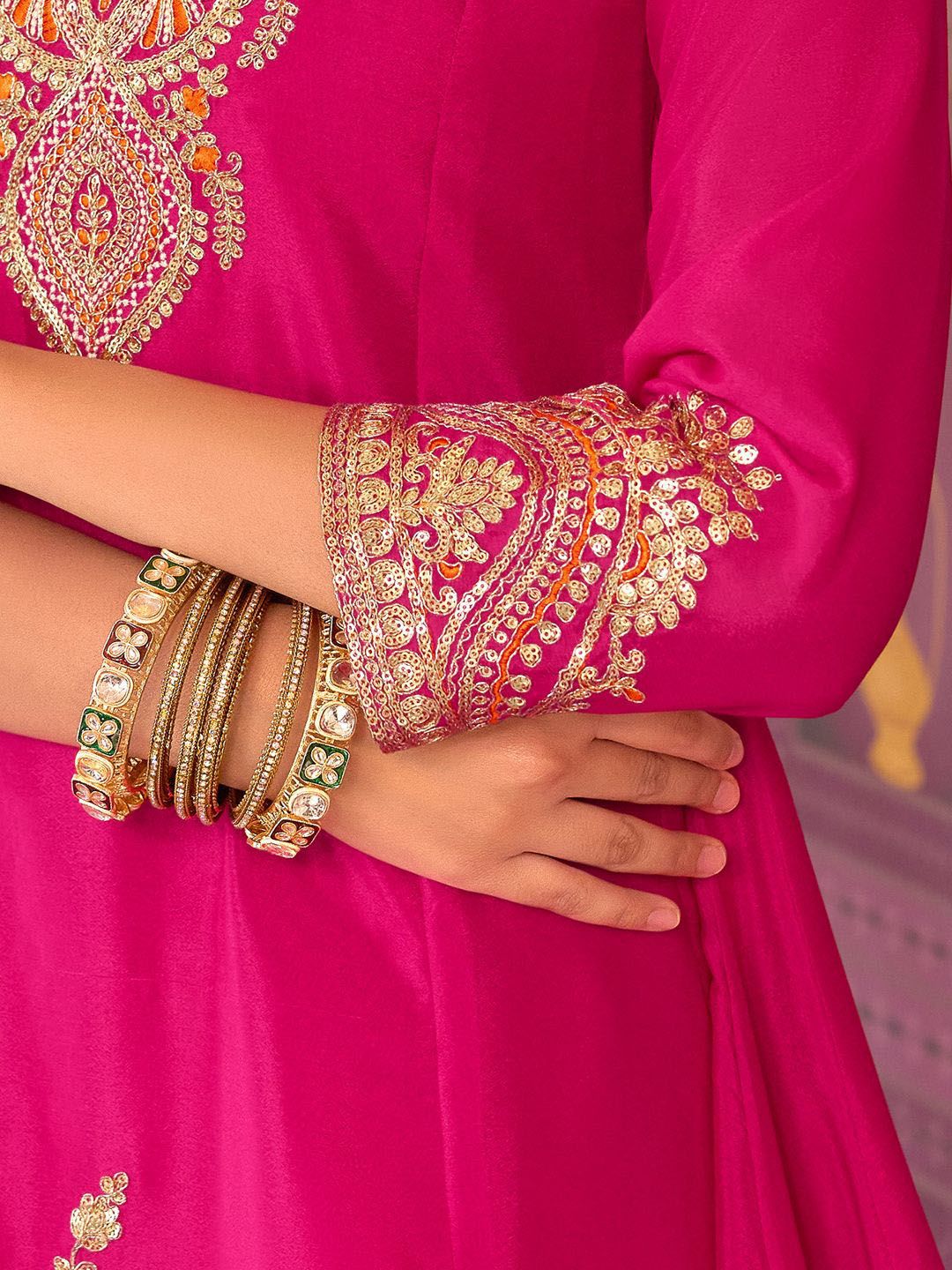 Floral Embroidered Sequinned Chinon A-Line Kurta With Palazzos & Dupatta