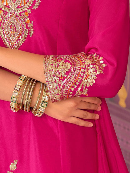 Floral Embroidered Sequinned Chinon A-Line Kurta With Palazzos & Dupatta