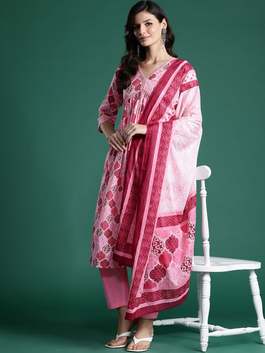 Printed Empire Mirror Work Pure Cotton Kurta With Trousers & Dupatta