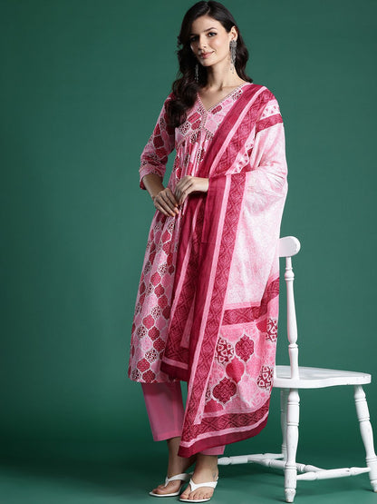 Printed Empire Mirror Work Pure Cotton Kurta With Trousers & Dupatta