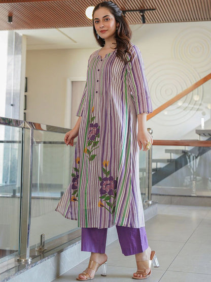 Floral Printed Notch Neck A Line Pure Cotton Kurta With Trousers