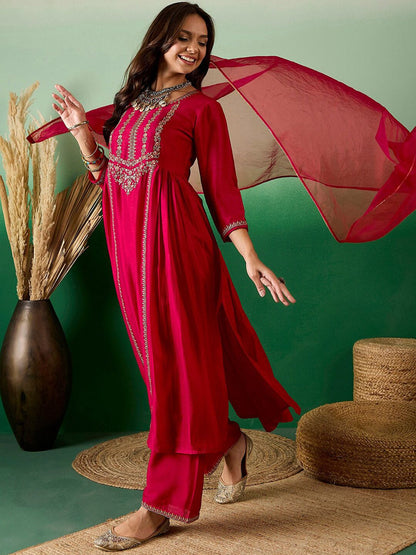 Dhiyona SN Women's Red Ethnic Embroidered Zari Sequined Pleated Straight Kurta With Trouser & Dupatta