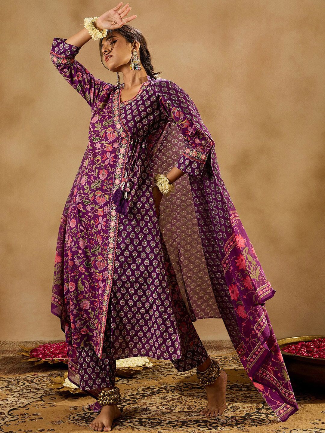Dhiyona IE Purple Floral Printed Angrakha V-Neck Thread Work Pure Cotton A-Line Kurta Set