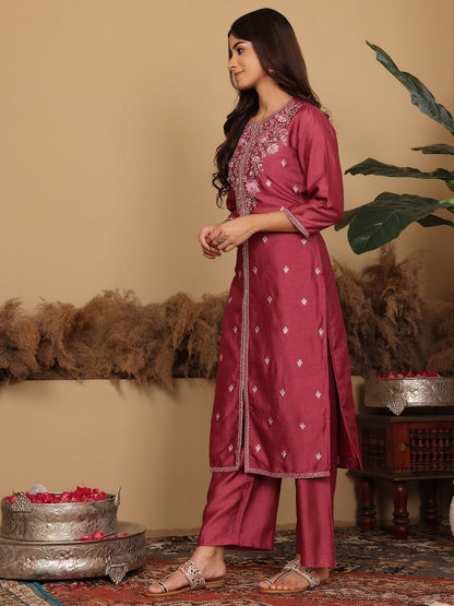 Dhiyona VA Women's Floral Embroidered Regular Pure Silk Kurta with Trousers & Fringed Dupatta